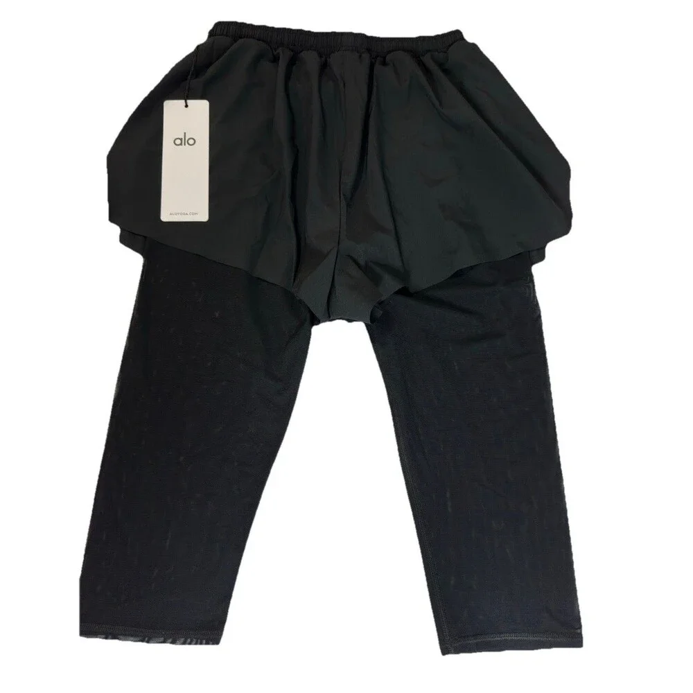 Alo Yoga Mesh Front Runner 2 in 1 Capri Leggings Shorts Black S NWT - Picture 5 of 11